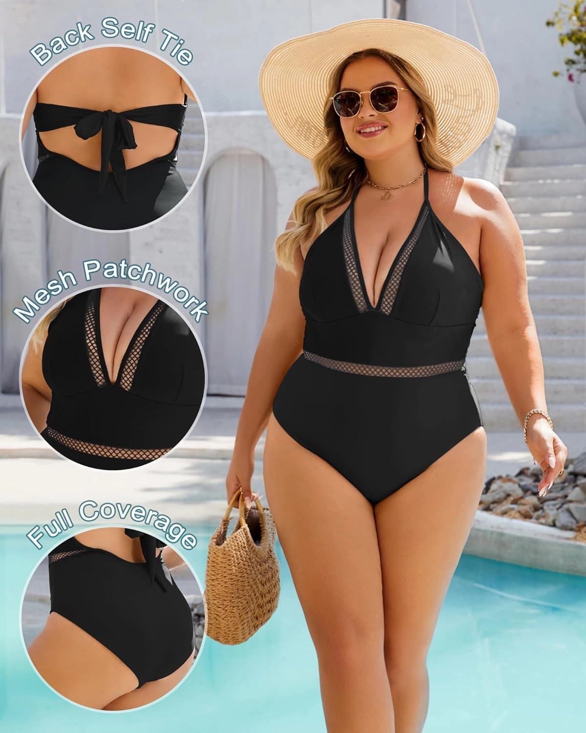 Plus Size Swimsuit for Women One Piece Tummy Control Bathing Suit Halter Backless Slimming Mesh Color Block Modest