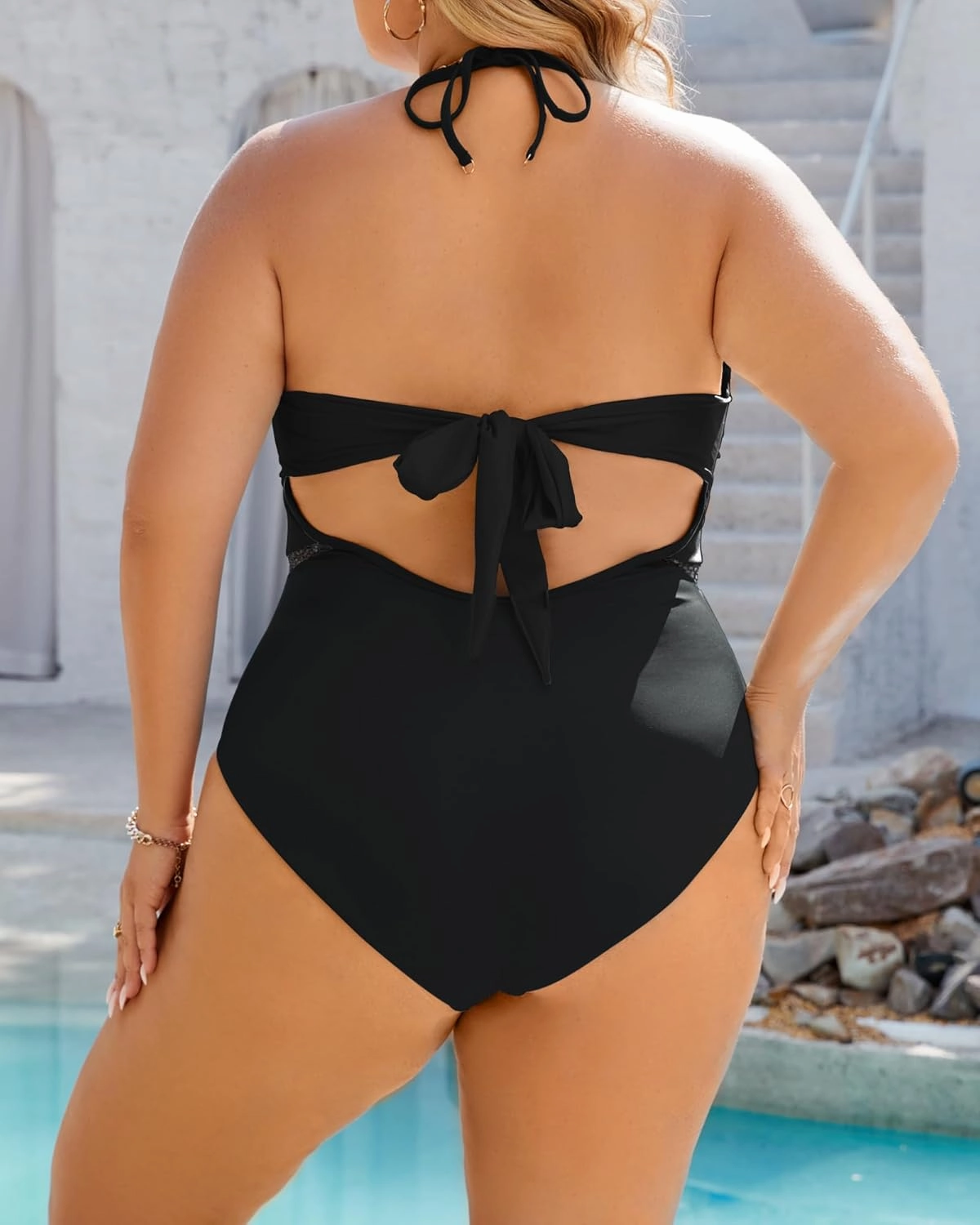 Plus Size Swimsuit for Women One Piece Tummy Control Bathing Suit Halter Backless Slimming Mesh Color Block Modest