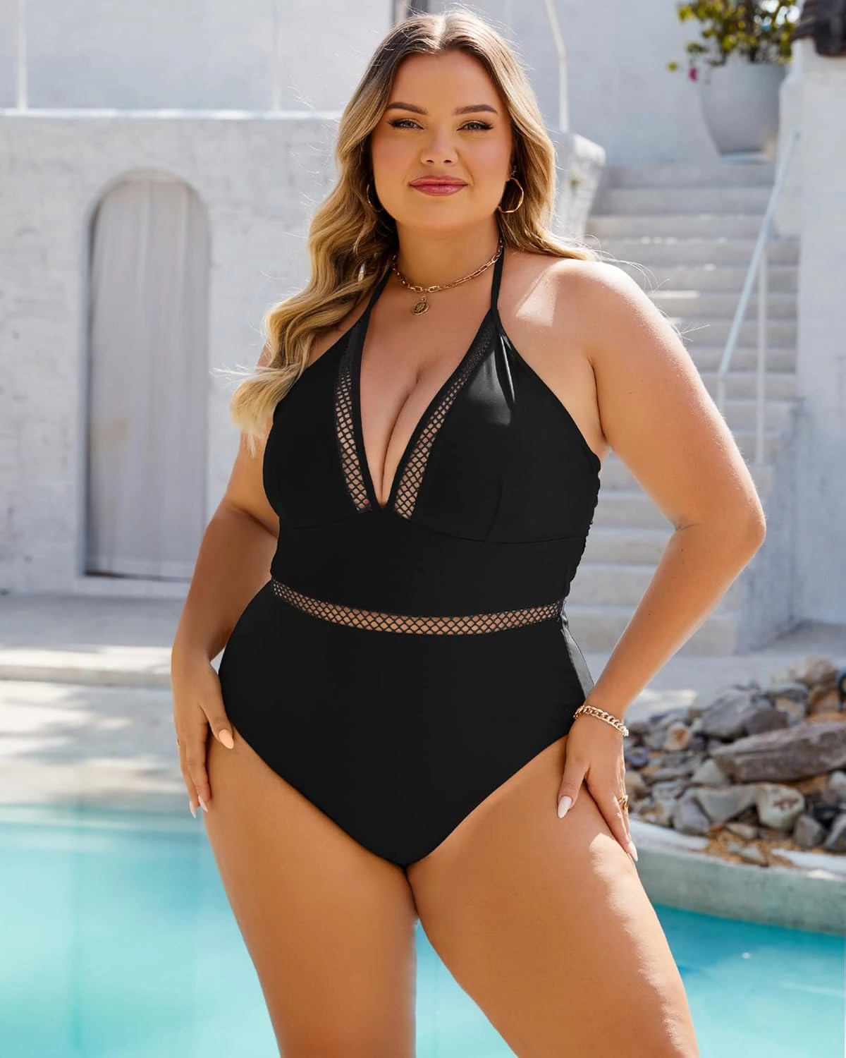 Plus Size Swimsuit for Women One Piece Tummy Control Bathing Suit Halter Backless Slimming Mesh Color Block Modest
