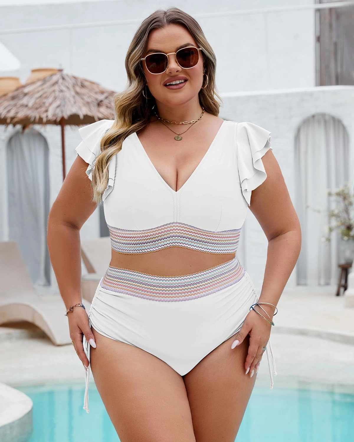 Plus Size Swimsuit for Women Two Piece High Waisted Bikini Sets Ruffle Tummy Control Bathing Suit Full Coverage