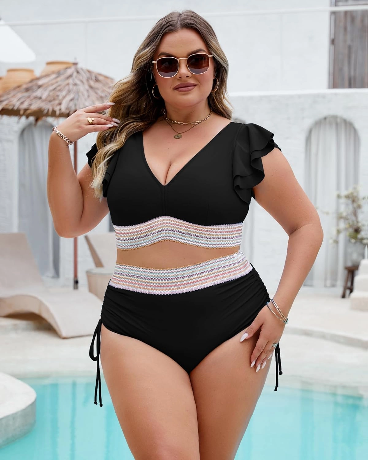 Plus Size Swimsuit for Women Two Piece High Waisted Bikini Sets Ruffle Tummy Control Bathing Suit Full Coverage
