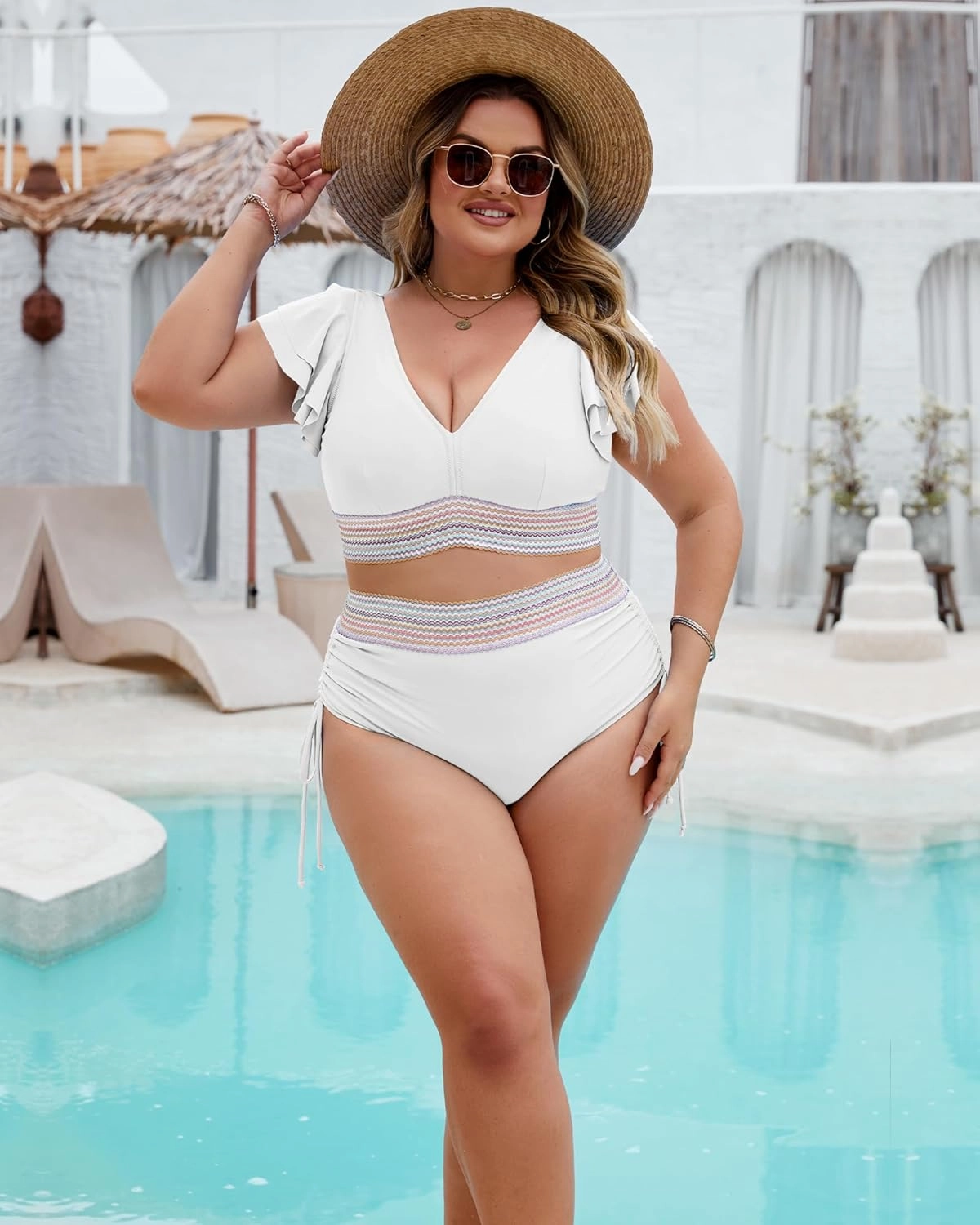 Plus Size Swimsuit for Women Two Piece High Waisted Bikini Sets Ruffle Tummy Control Bathing Suit Full Coverage