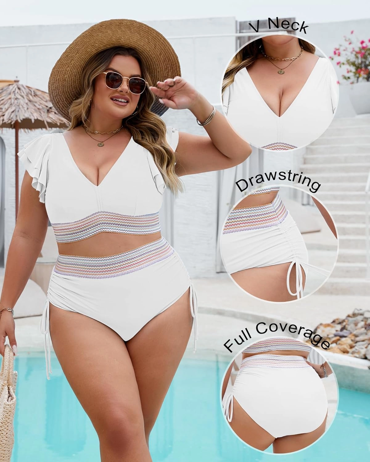 Plus Size Swimsuit for Women Two Piece High Waisted Bikini Sets Ruffle Tummy Control Bathing Suit Full Coverage