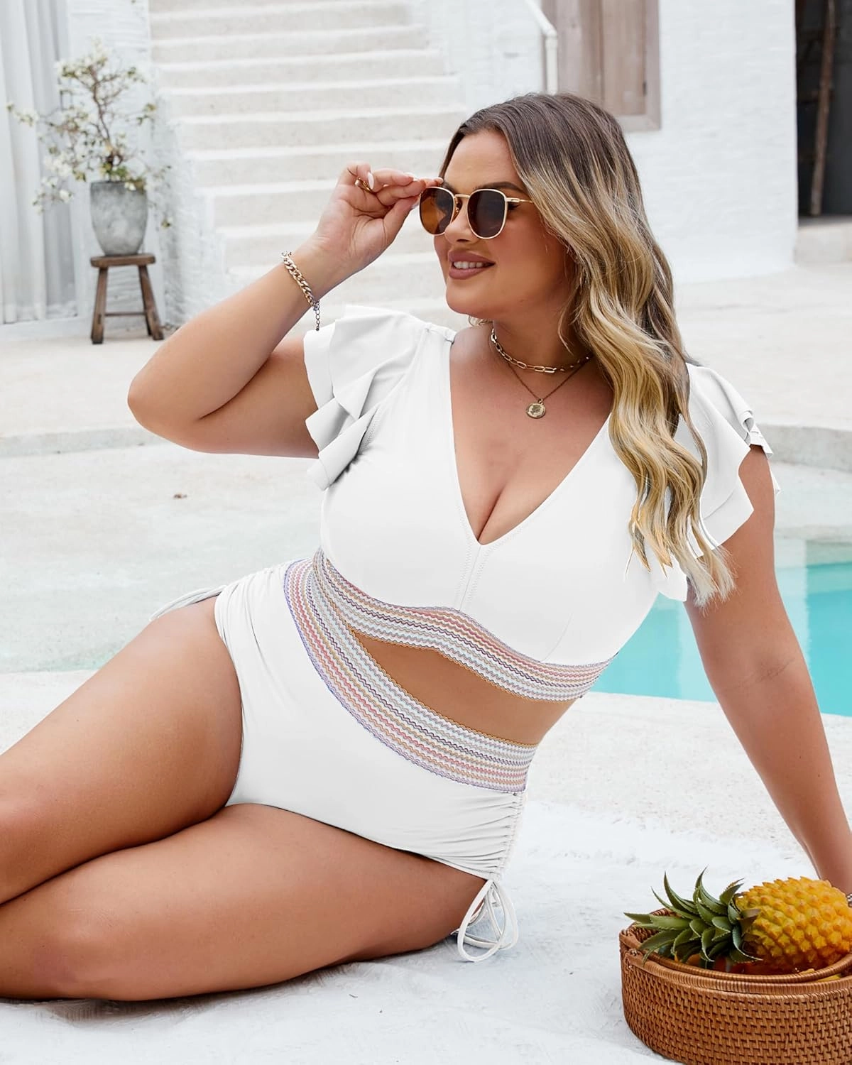 Plus Size Swimsuit for Women Two Piece High Waisted Bikini Sets Ruffle Tummy Control Bathing Suit Full Coverage