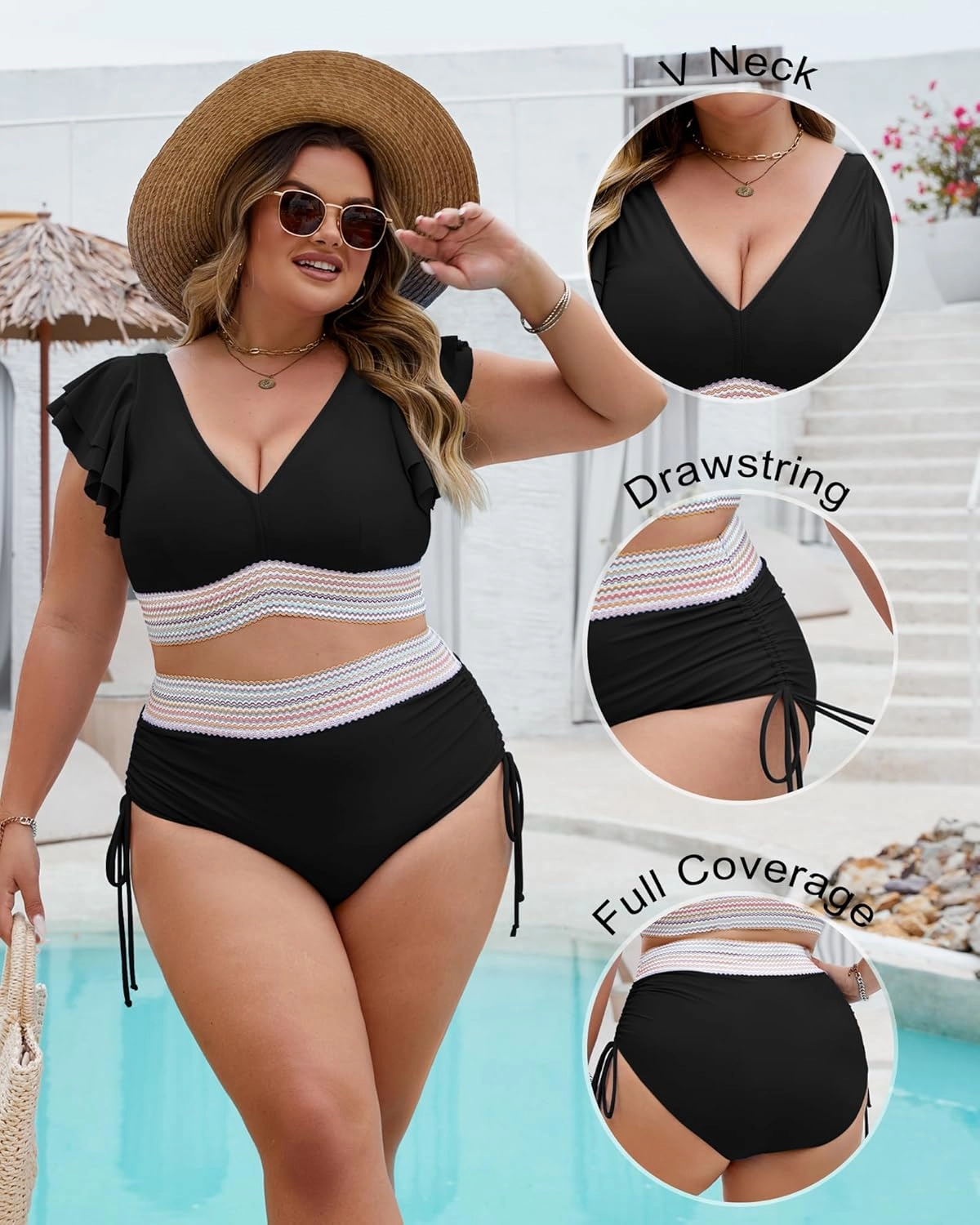 Plus Size Swimsuit for Women Two Piece High Waisted Bikini Sets Ruffle Tummy Control Bathing Suit Full Coverage