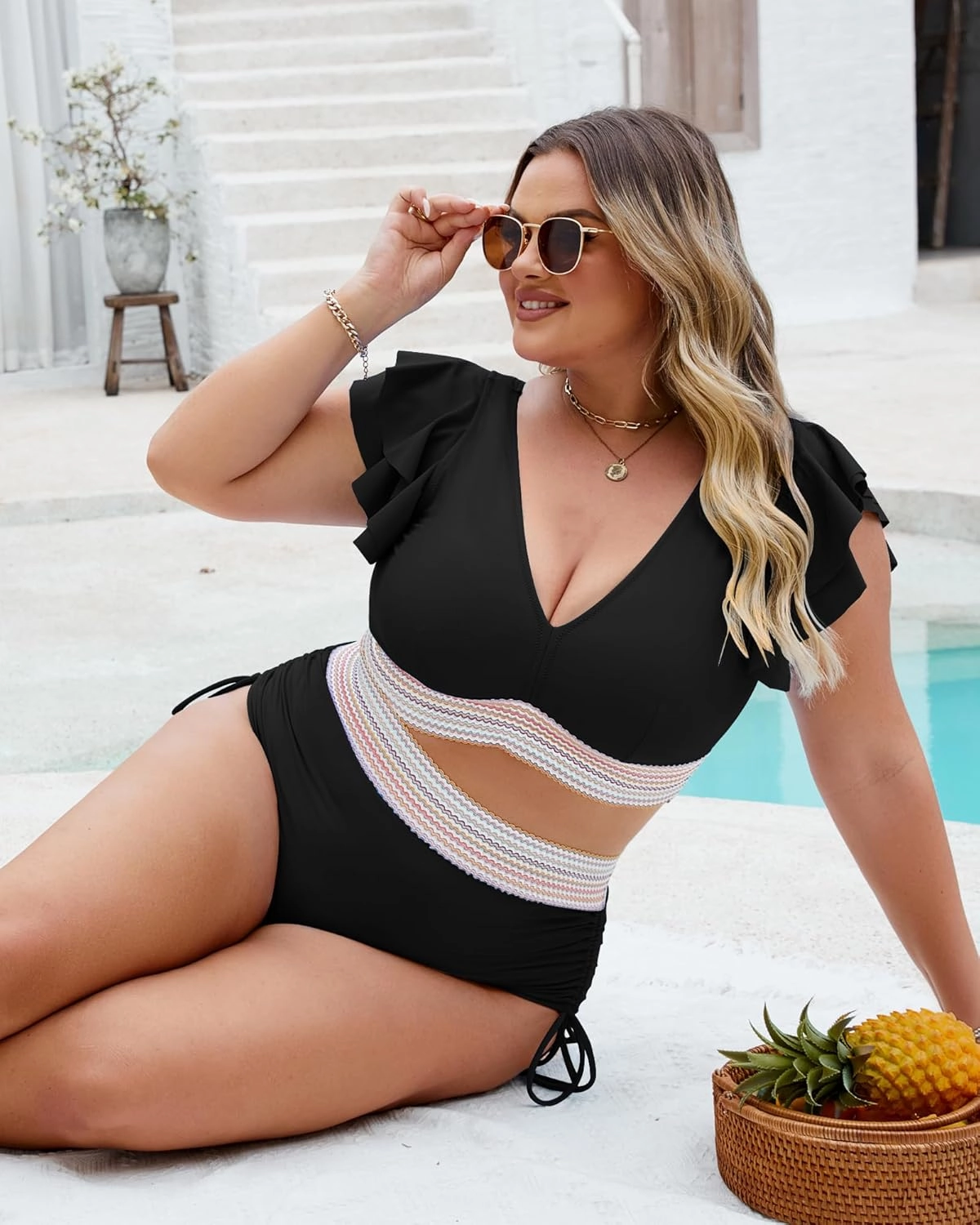 Plus Size Swimsuit for Women Two Piece High Waisted Bikini Sets Ruffle Tummy Control Bathing Suit Full Coverage