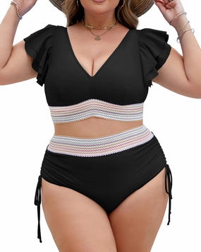 Plus Size Swimsuit for Women Two Piece High Waisted Bikini Sets Ruffle Tummy Control Bathing Suit Full Coverage