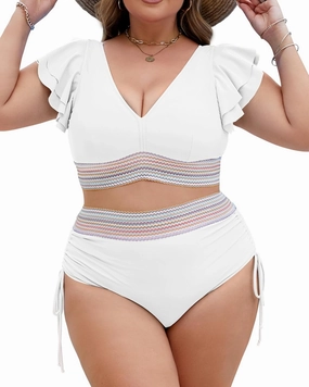 Plus Size Swimsuit for Women Two Piece High Waisted Bikini Sets Ruffle Tummy Control Bathing Suit Full Coverage