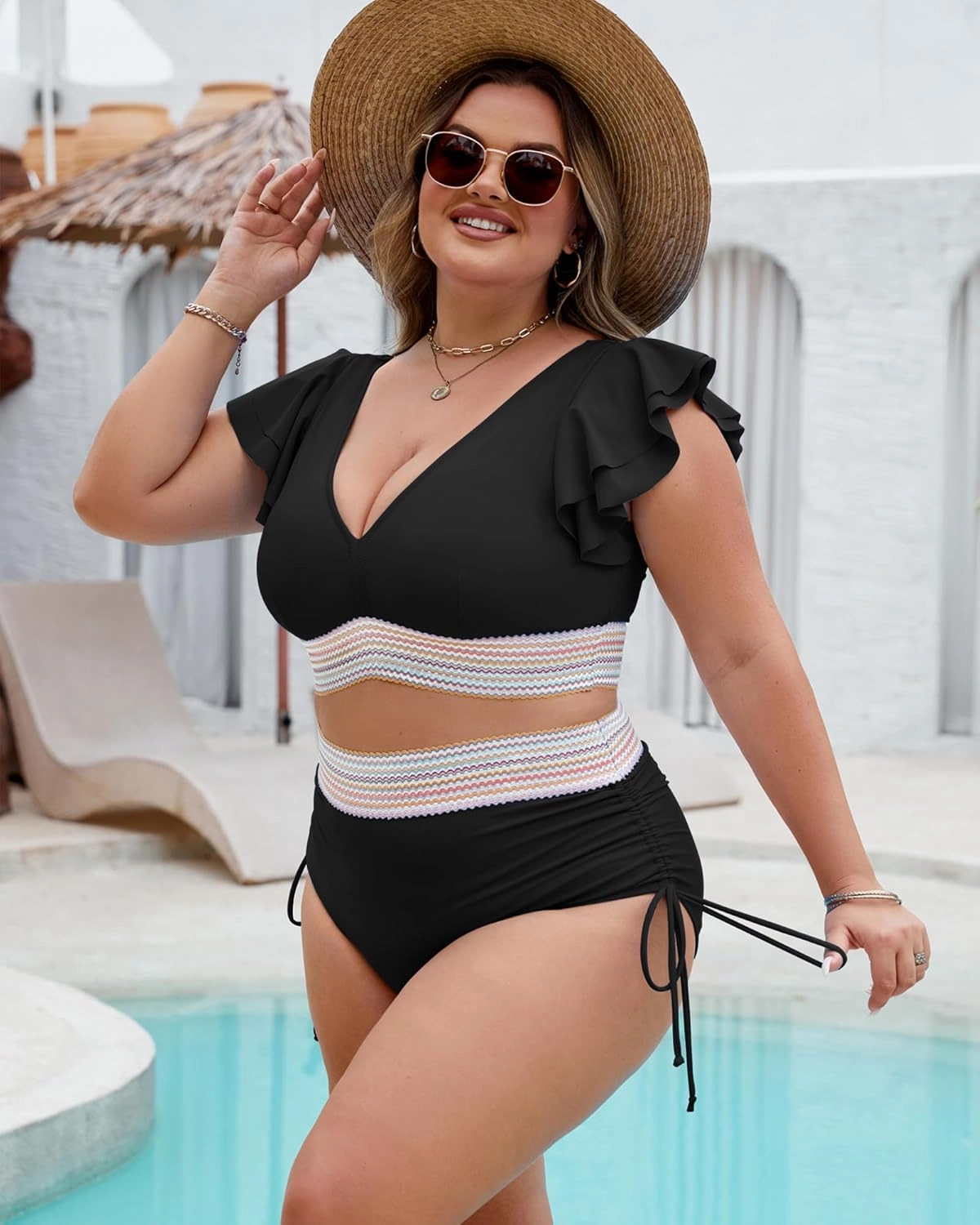 Plus Size Swimsuit for Women Two Piece High Waisted Bikini Sets Ruffle Tummy Control Bathing Suit Full Coverage