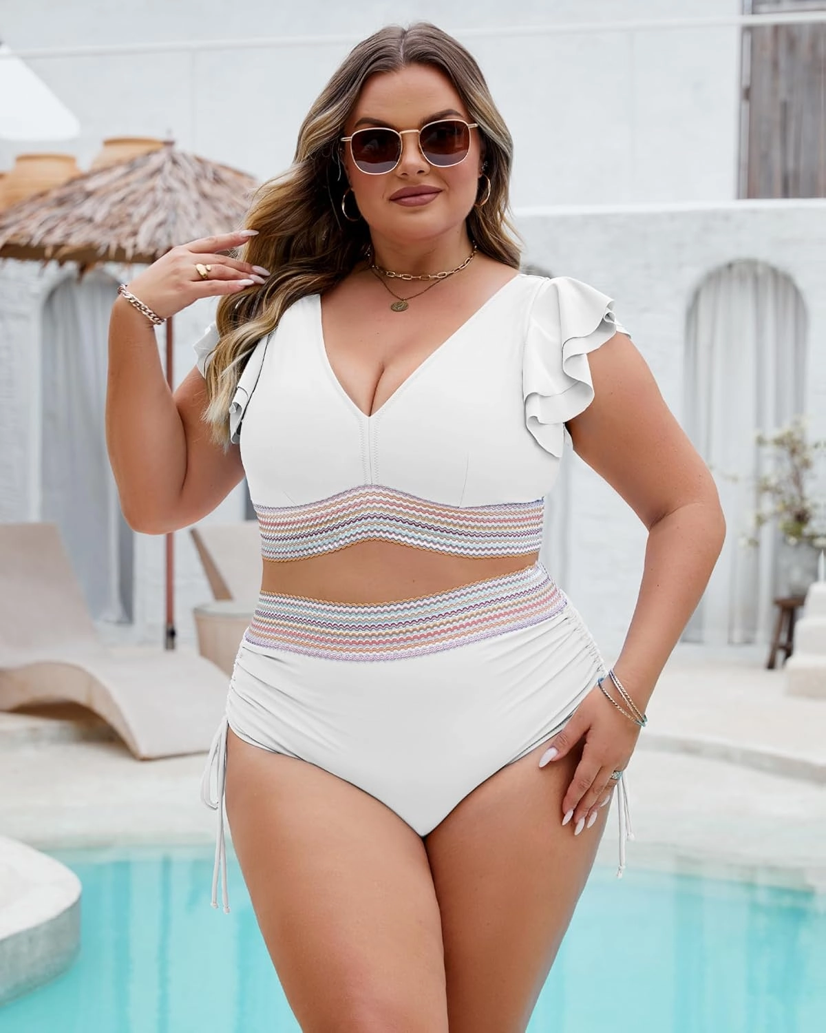 Plus Size Swimsuit for Women Two Piece High Waisted Bikini Sets Ruffle Tummy Control Bathing Suit Full Coverage