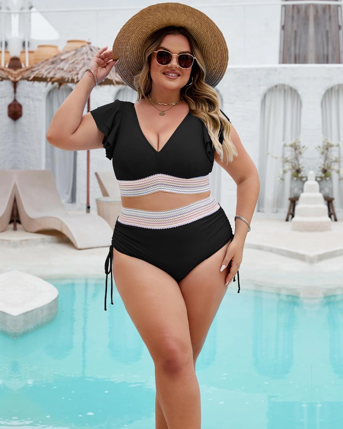 Plus Size Swimsuit for Women Two Piece High Waisted Bikini Sets Ruffle Tummy Control Bathing Suit Full Coverage