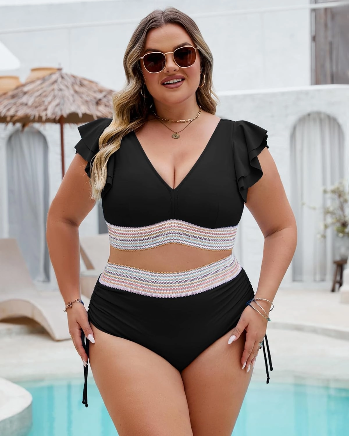 Plus Size Swimsuit for Women Two Piece High Waisted Bikini Sets Ruffle Tummy Control Bathing Suit Full Coverage