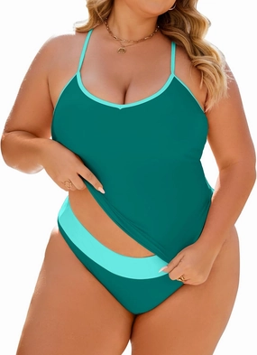 Plus Size Tankini Swimsuit for Women Tummy Control Two Piece Full Coverage Bathing Suit High Waisted Bikini