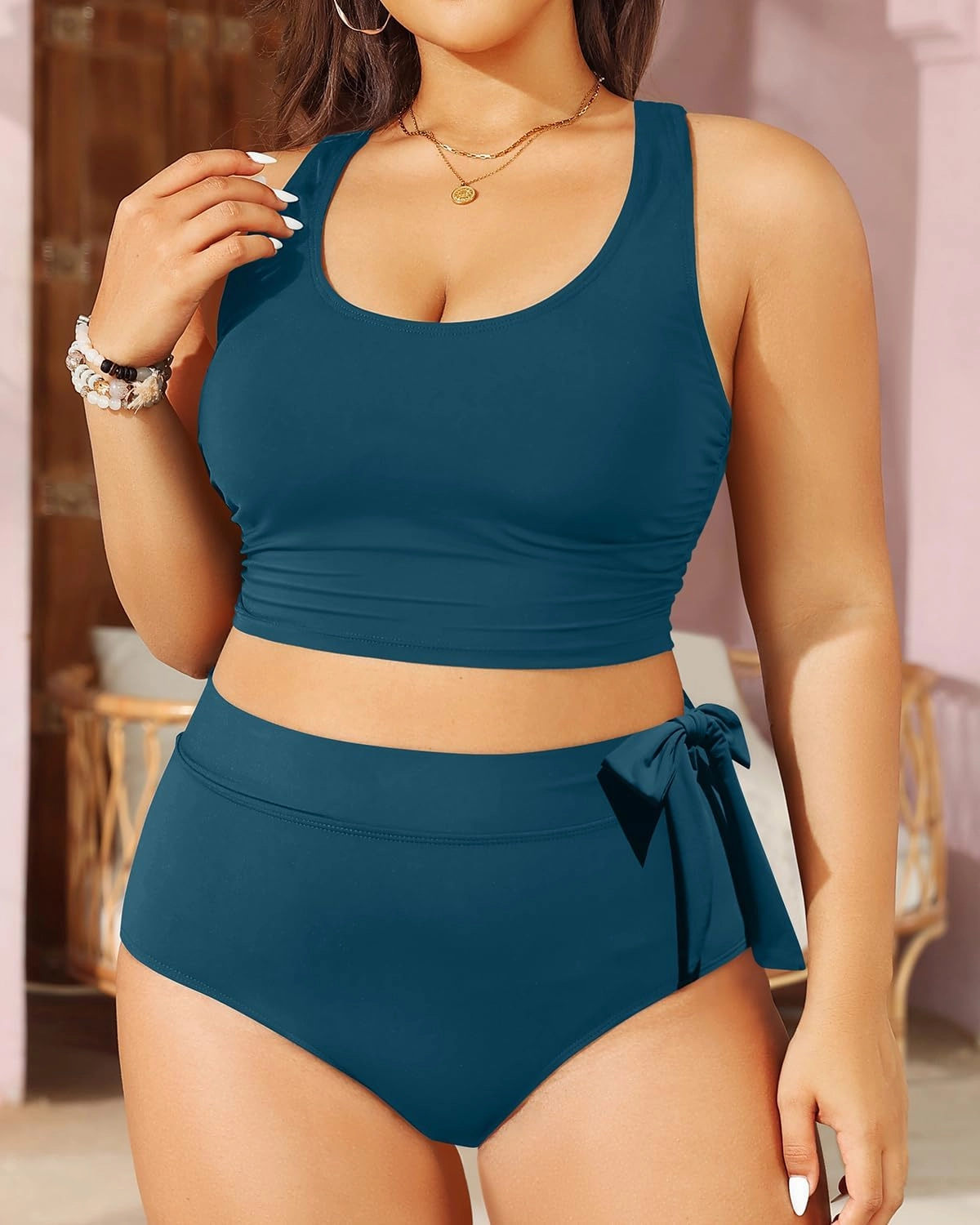 Plus Size Two Piece Swimsuits - Women High Waisted Bikini Scoop Neck Bathing Suit Swimwear