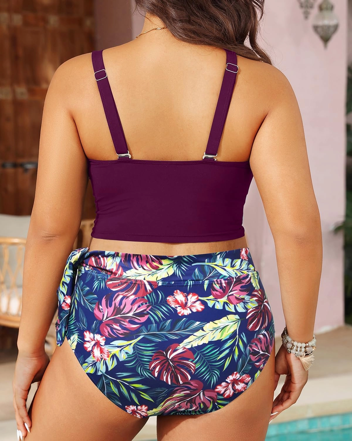 Plus Size Two Piece Swimsuits - Women High Waisted Bikini Scoop Neck Bathing Suit Swimwear
