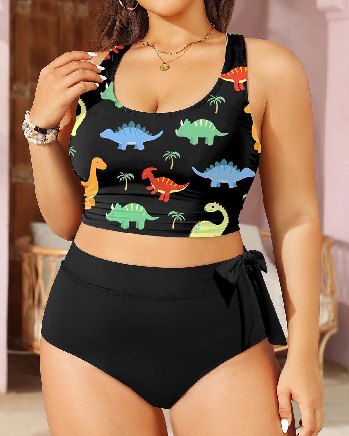 Plus Size Two Piece Swimsuits - Women High Waisted Bikini Scoop Neck Bathing Suit Swimwear