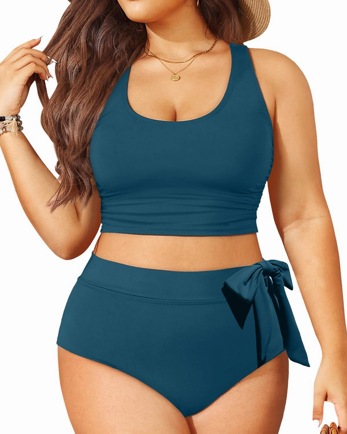 Plus Size Two Piece Swimsuits - Women High Waisted Bikini Scoop Neck Bathing Suit Swimwear