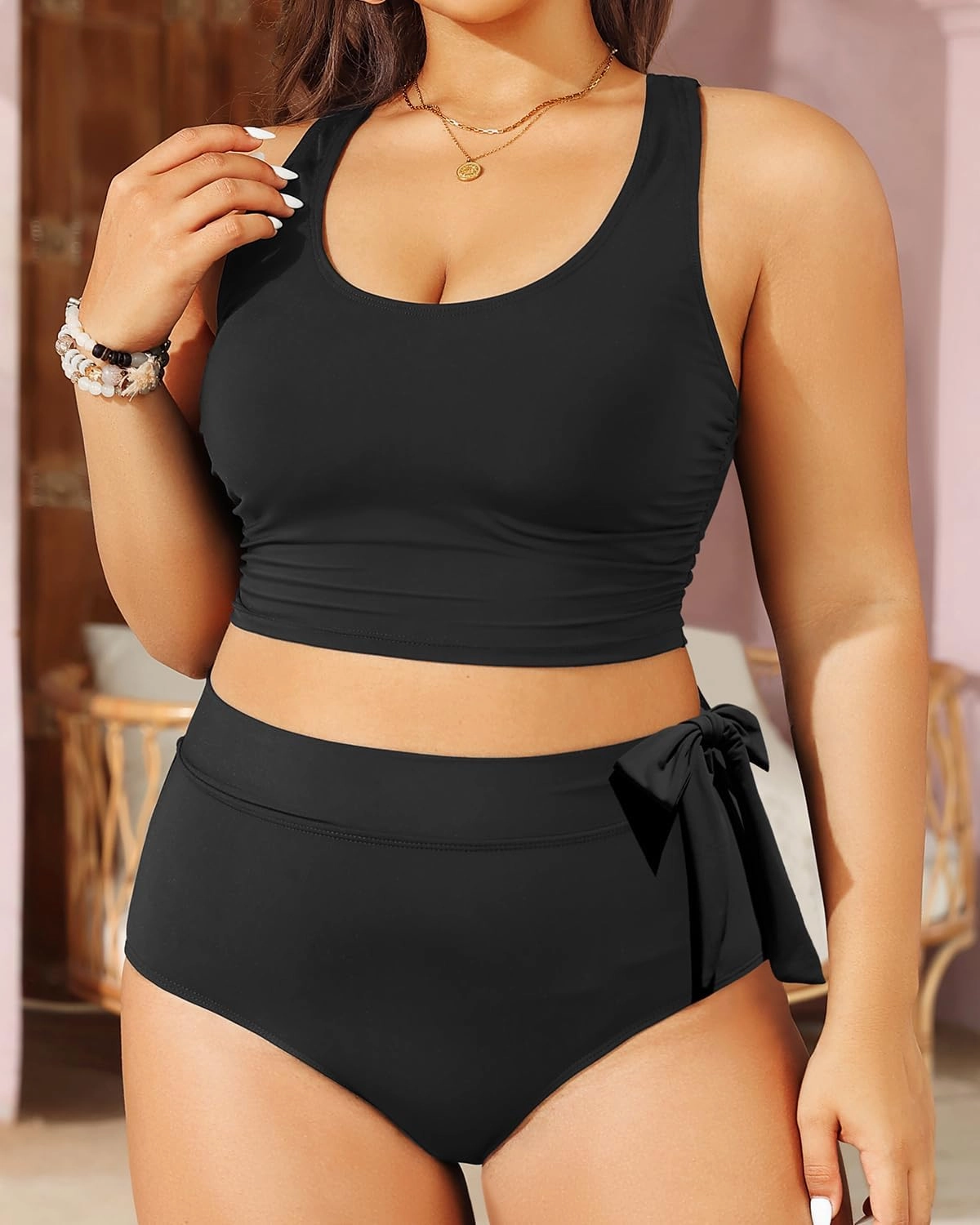 Plus Size Two Piece Swimsuits - Women High Waisted Bikini Scoop Neck Bathing Suit Swimwear