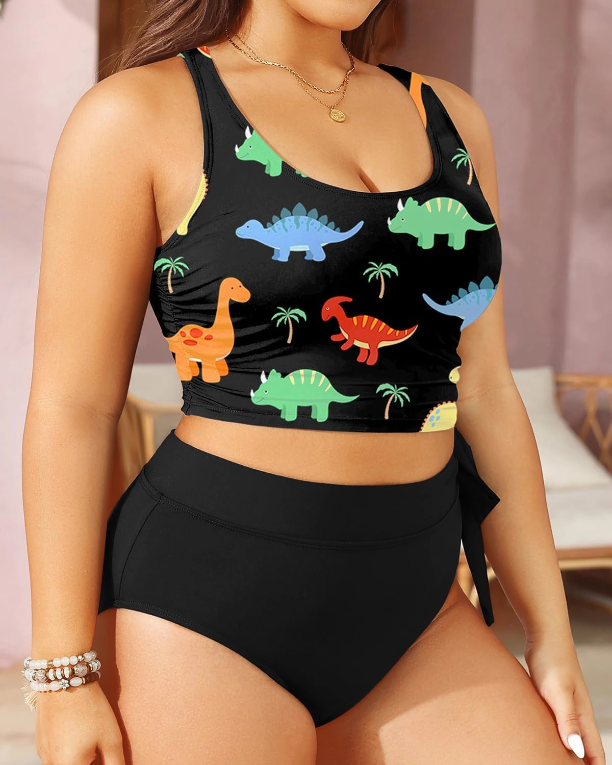 Plus Size Two Piece Swimsuits - Women High Waisted Bikini Scoop Neck Bathing Suit Swimwear