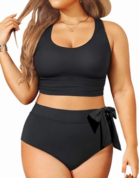 Plus Size Two Piece Swimsuits - Women High Waisted Bikini Scoop Neck Bathing Suit Swimwear