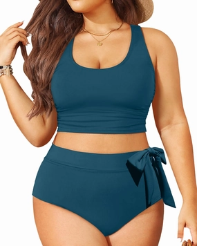 Plus Size Two Piece Swimsuits - Women High Waisted Bikini Scoop Neck Bathing Suit Swimwear