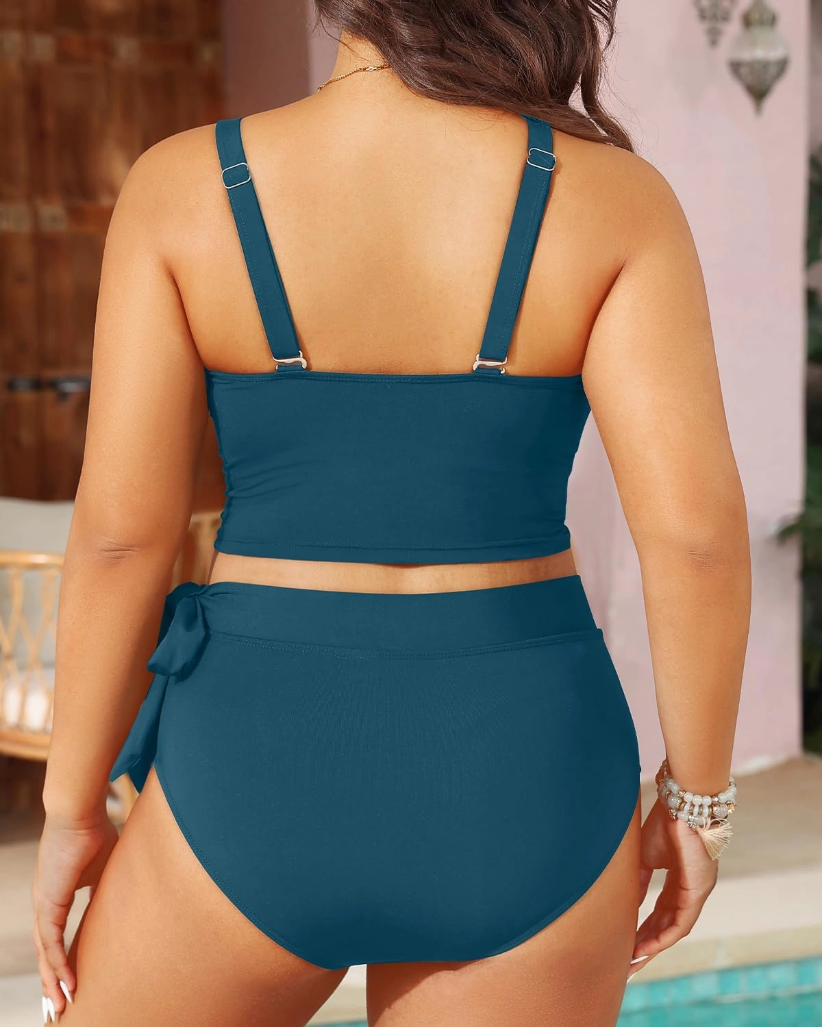 Plus Size Two Piece Swimsuits - Women High Waisted Bikini Scoop Neck Bathing Suit Swimwear