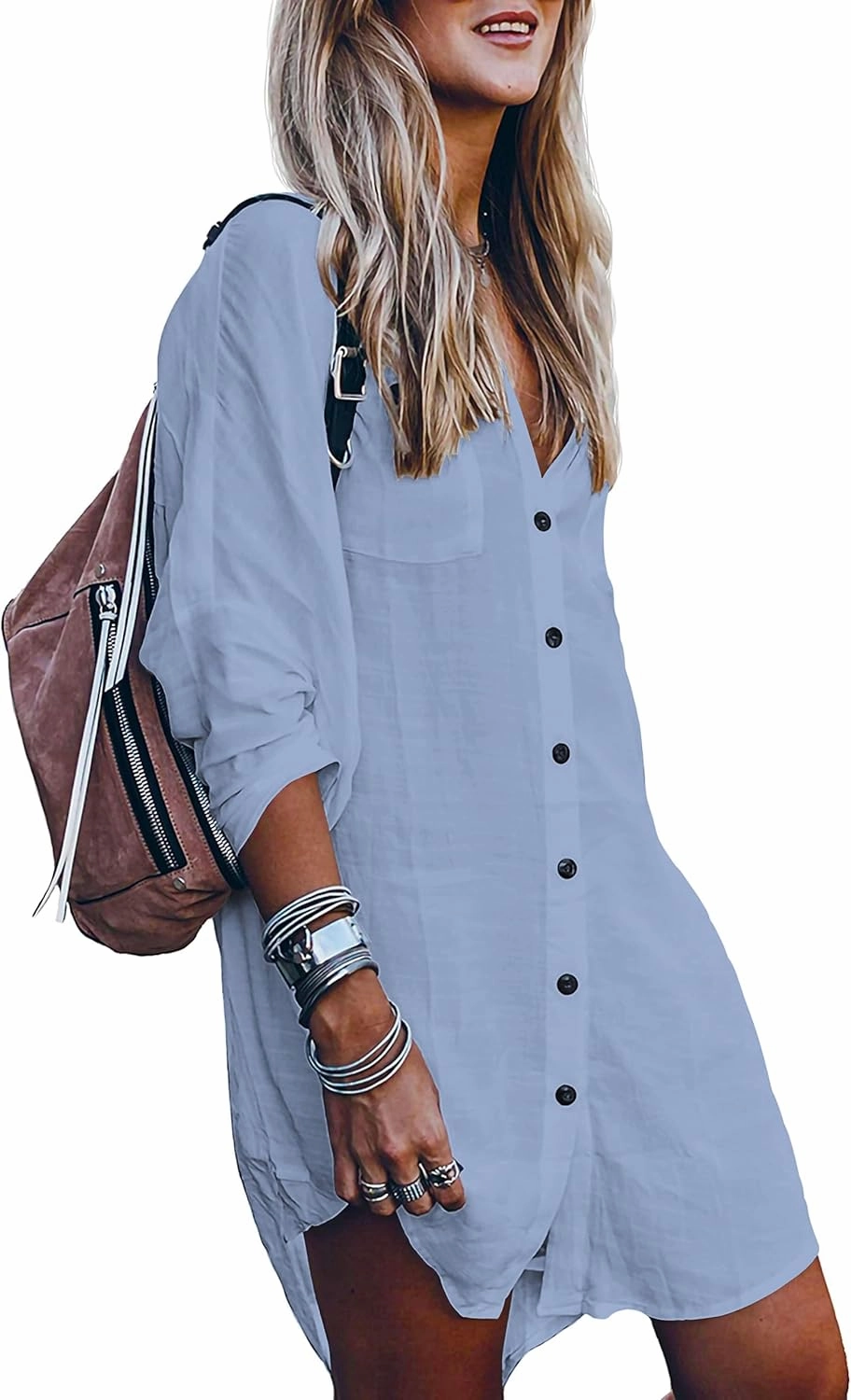 POGTMM Women's Swimsuit Cover Up Summer Beachwear Button Down Shirt Bikini Bathing Suit Beach Coverup Mini Dresses