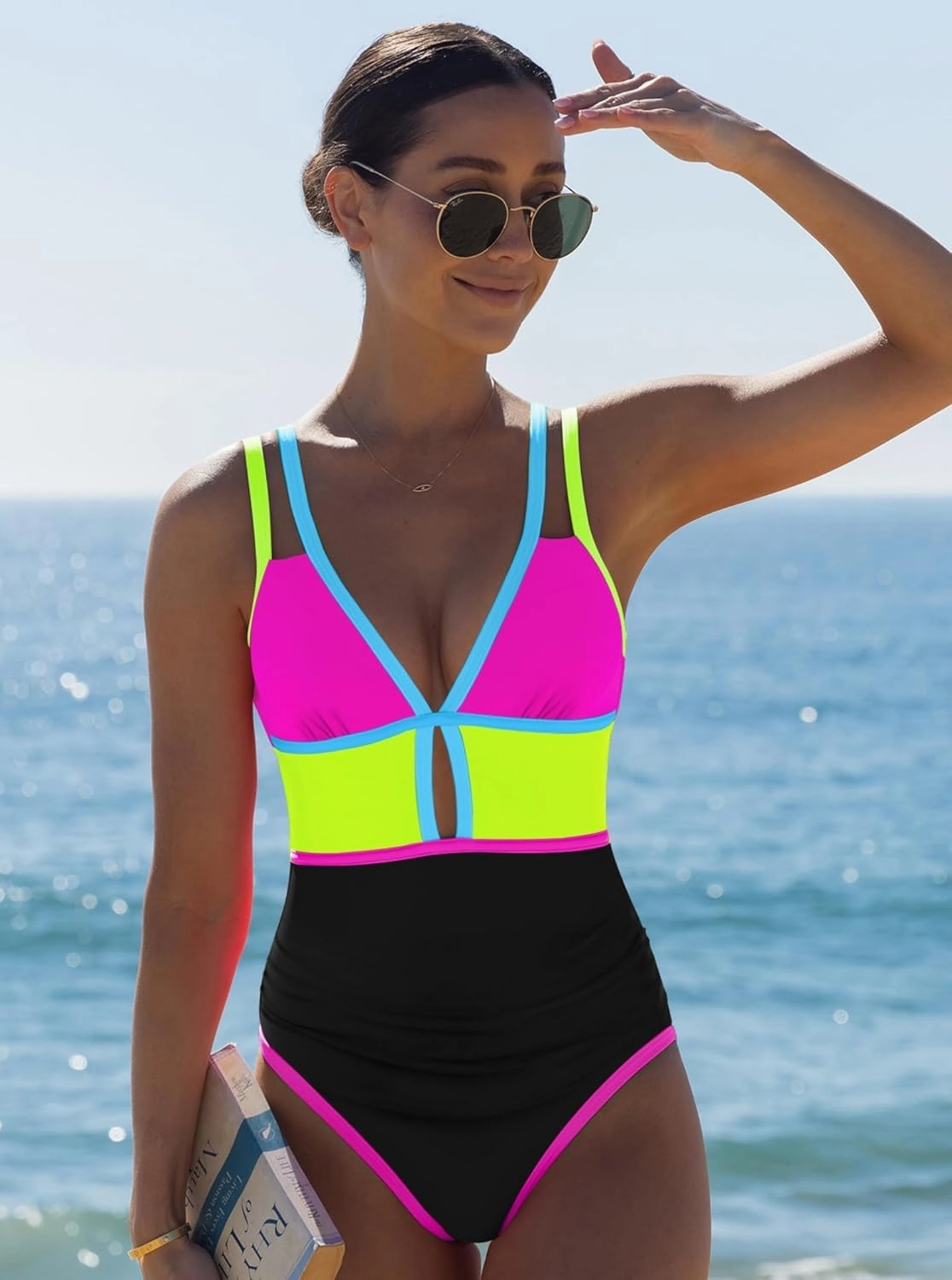 popvil Women One Piece Swimsuit 2025 Tummy Control Sexy Cutout Neon Color Block Bathing Suit Deep V Neck Adjustable Swimwear