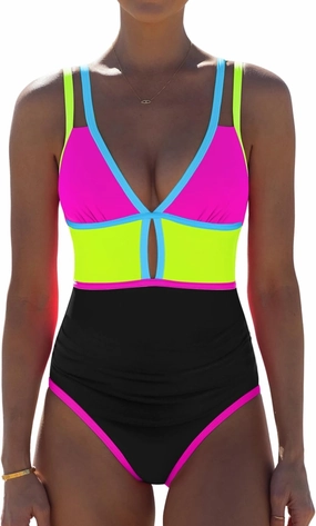 popvil Women One Piece Swimsuit 2025 Tummy Control Sexy Cutout Neon Color Block Bathing Suit Deep V Neck Adjustable Swimwear