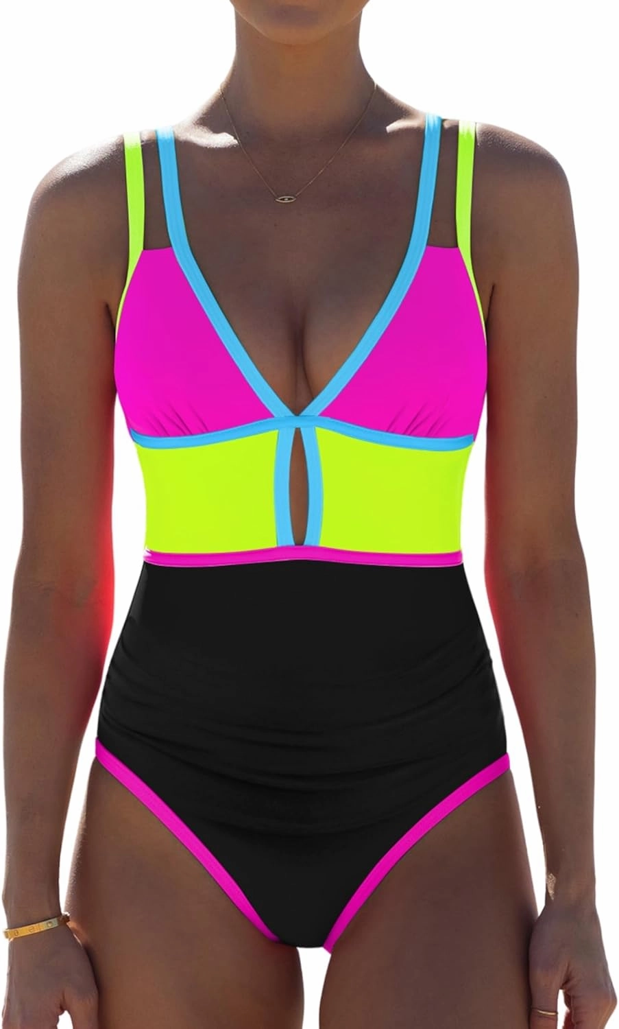 popvil Women One Piece Swimsuit 2025 Tummy Control Sexy Cutout Neon Color Block Bathing Suit Deep V Neck Adjustable Swimwear