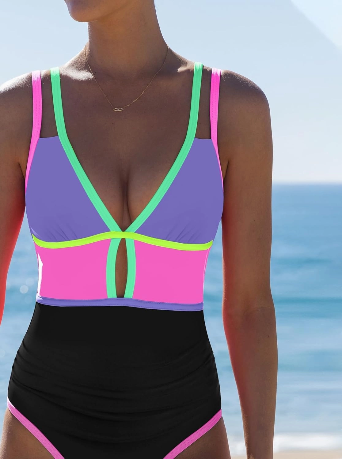 popvil Women One Piece Swimsuit 2025 Tummy Control Sexy Cutout Neon Color Block Bathing Suit Deep V Neck Adjustable Swimwear