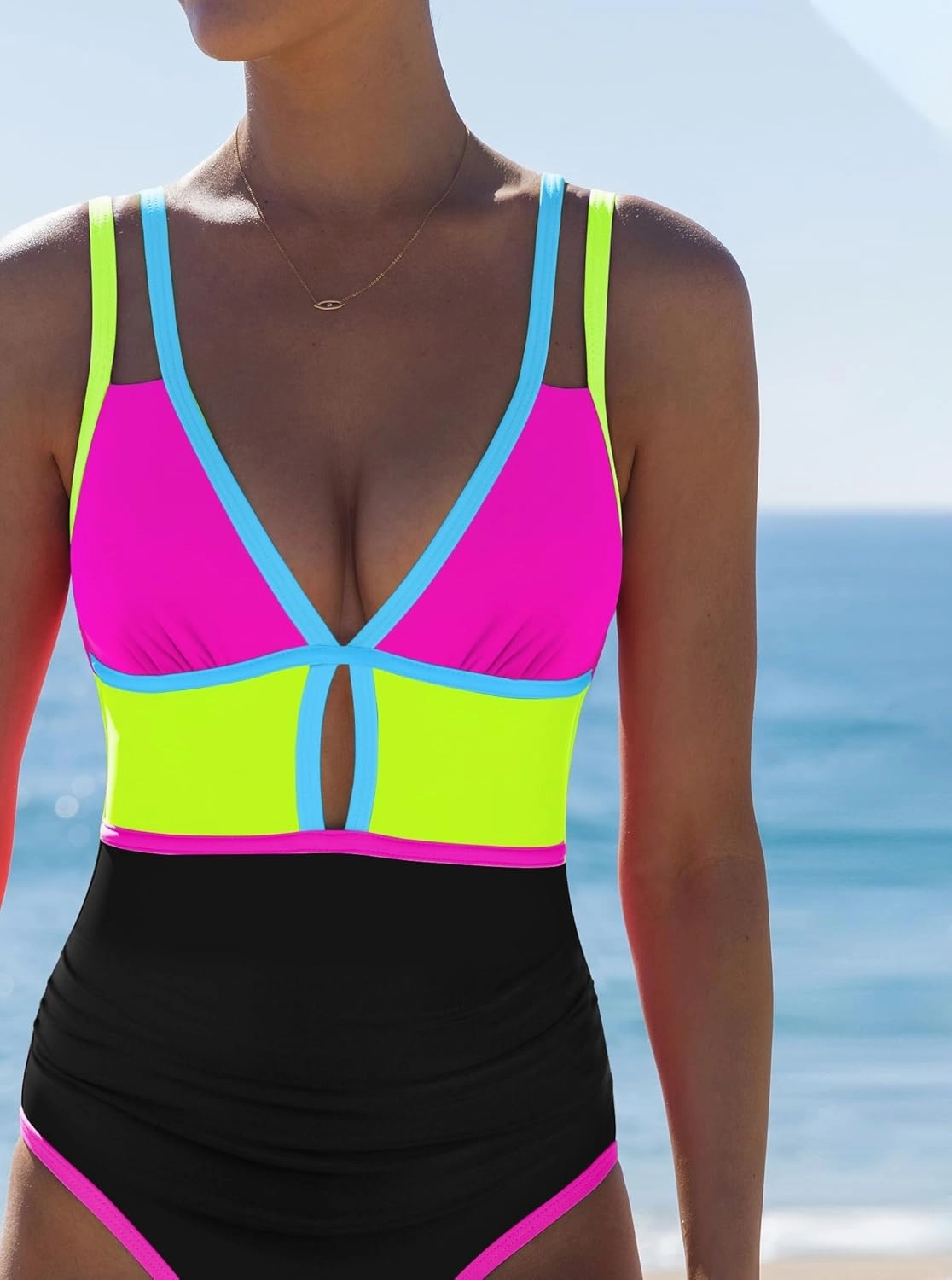 popvil Women One Piece Swimsuit 2025 Tummy Control Sexy Cutout Neon Color Block Bathing Suit Deep V Neck Adjustable Swimwear