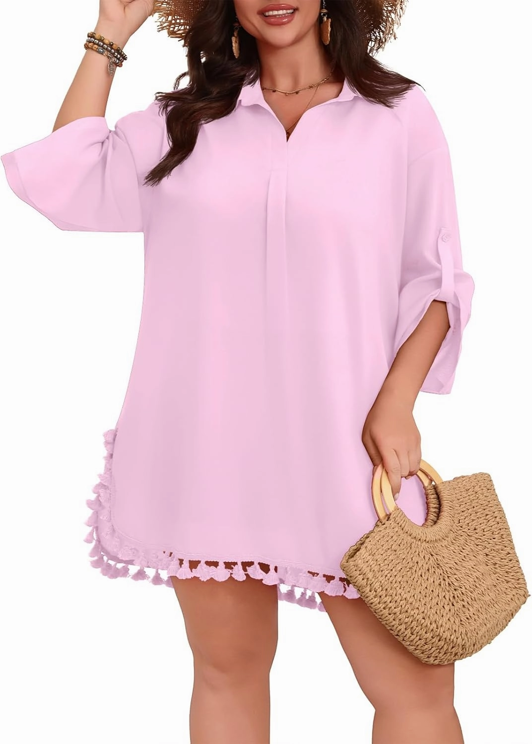 POSESHE Women's Plus Size Swimsuit Cover Ups Shirts 2025 Fashion Summer Tassel Beach Bathing Suit for Swimwear Bikini Dress