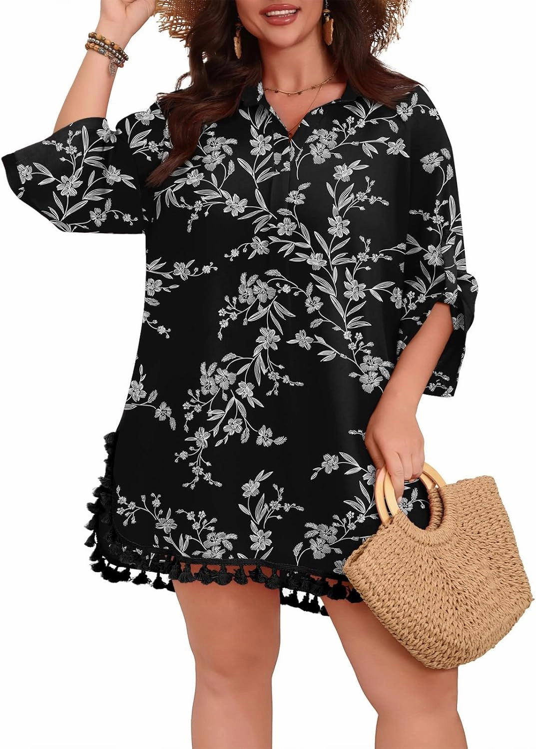 POSESHE Women's Plus Size Swimsuit Cover Ups Shirts 2025 Fashion Summer Tassel Beach Bathing Suit for Swimwear Bikini Dress