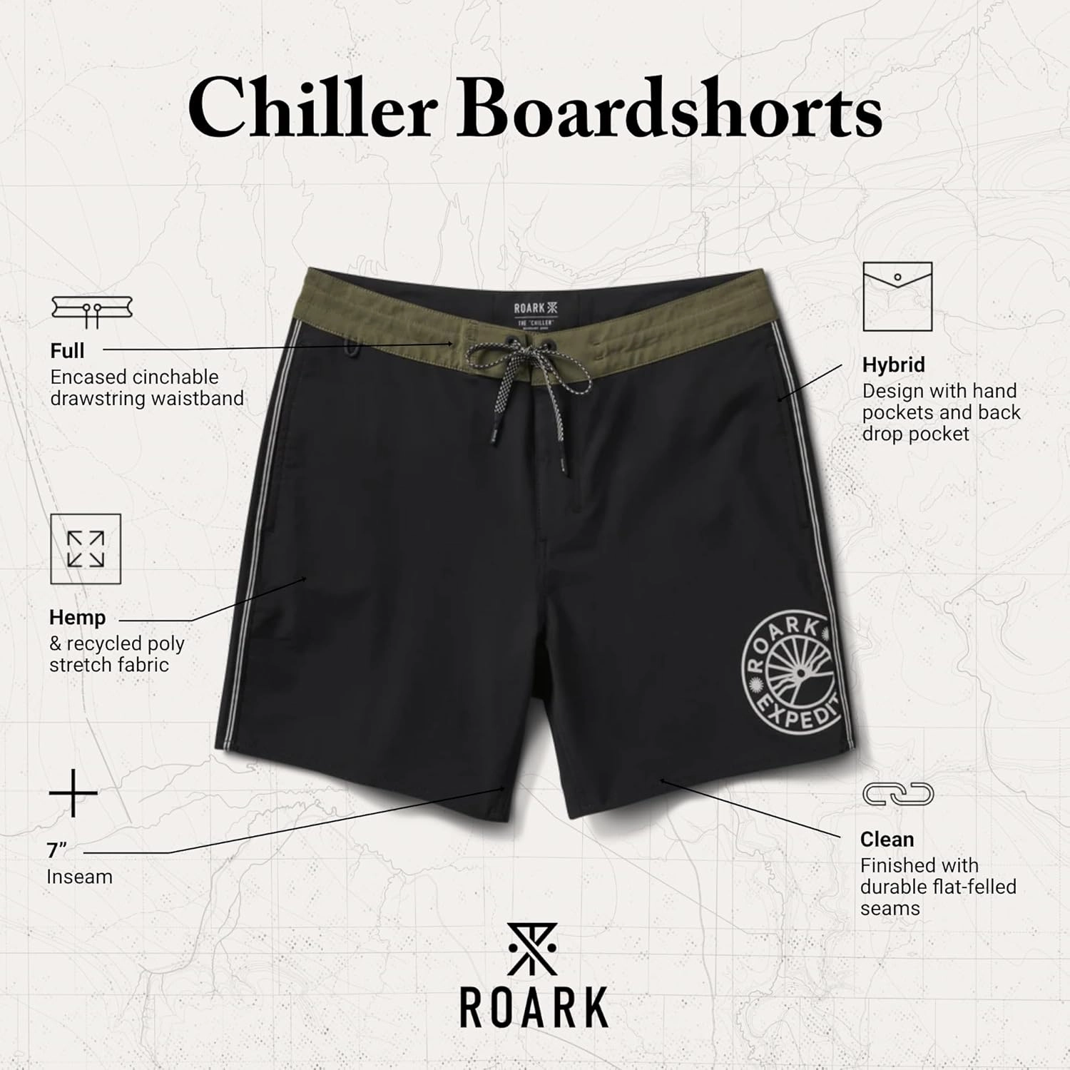 Roark Chiller Men's Swim Trunks C Quick-Dry Boardshorts with 4-Way Stretch, Hemp Blend Fabric, Pockets & Adjustable Waist