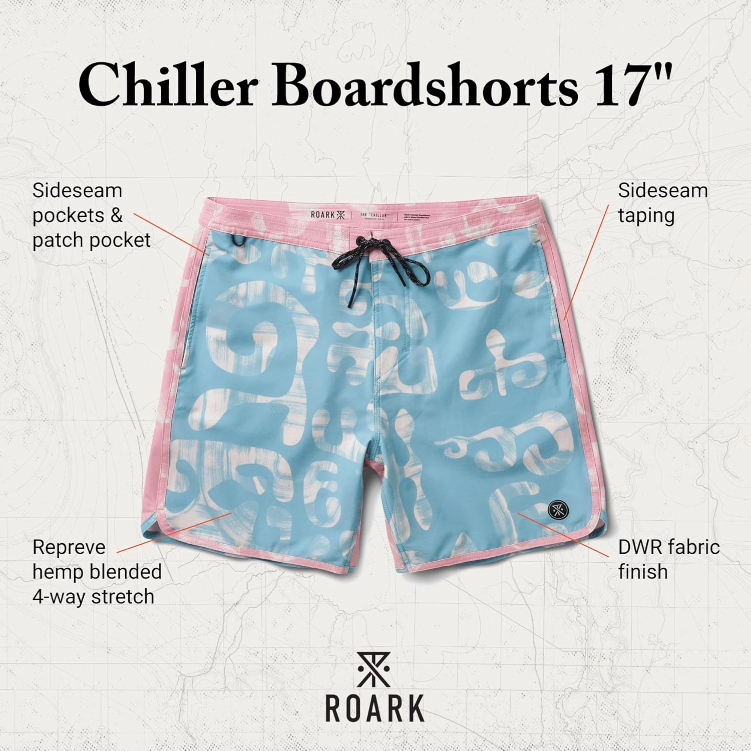 Roark Chiller Men's Swim Trunks C Quick-Dry Boardshorts with 4-Way Stretch, Hemp Blend Fabric, Pockets & Adjustable Waist