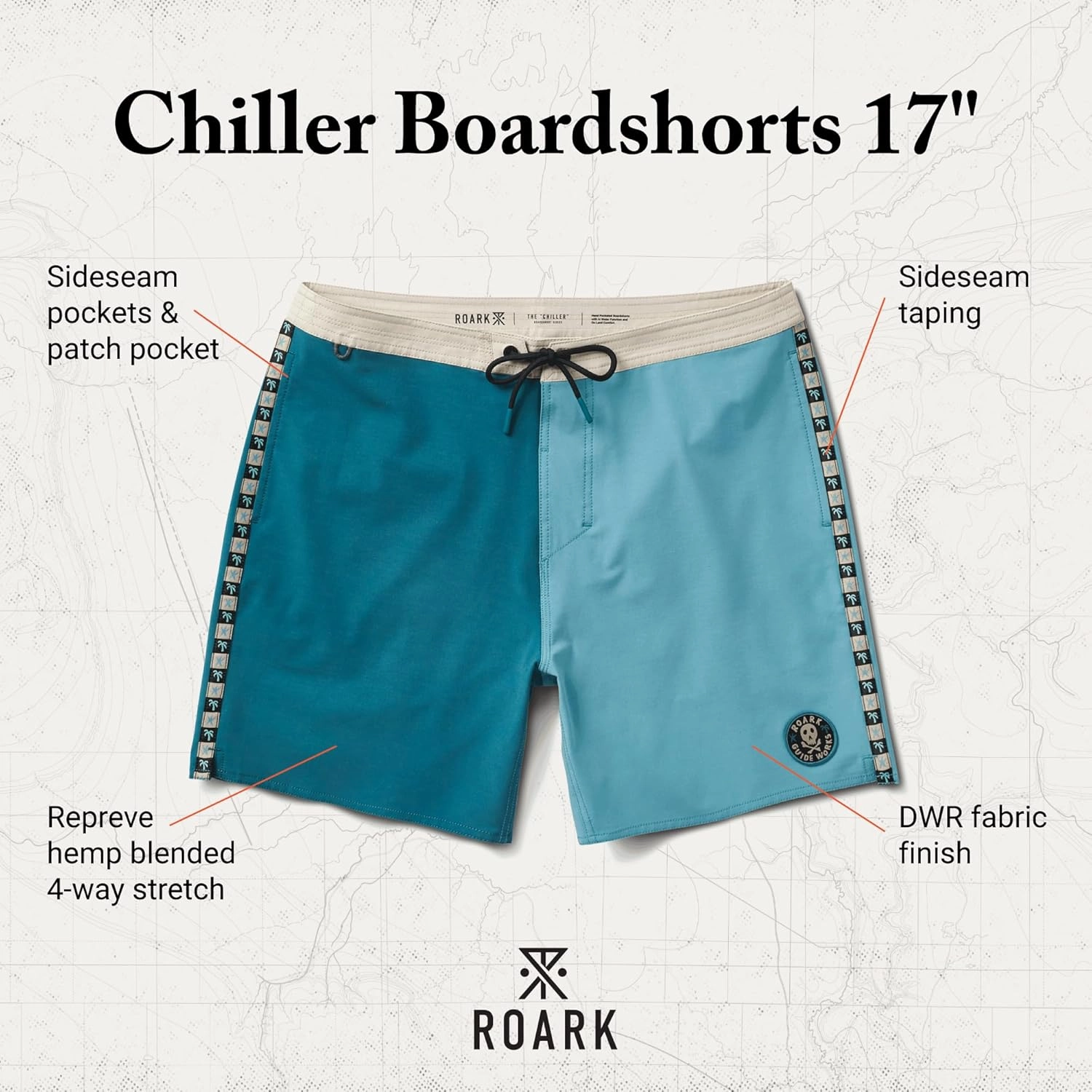 Roark Chiller Men's Swim Trunks C Quick-Dry Boardshorts with 4-Way Stretch, Hemp Blend Fabric, Pockets & Adjustable Waist