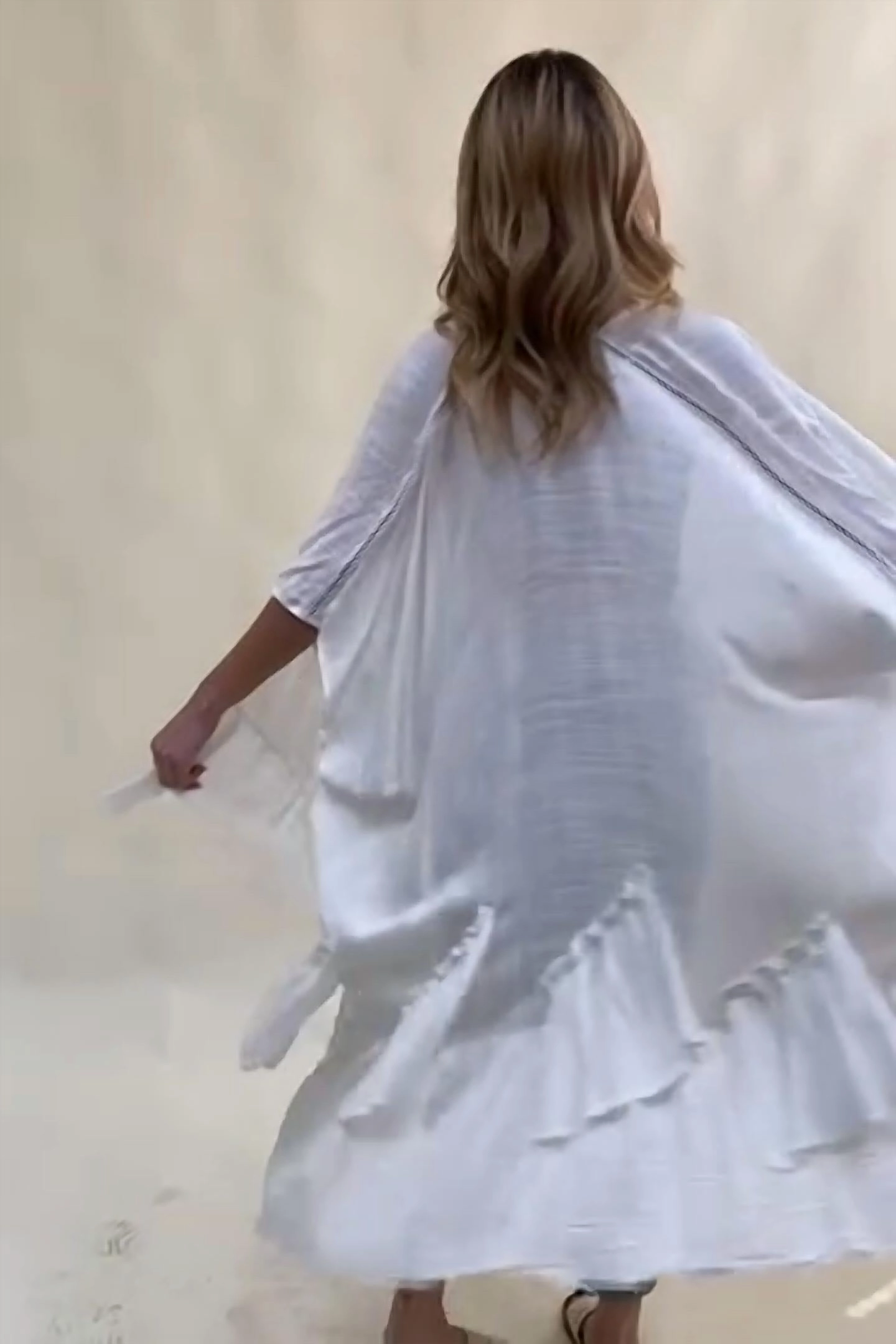 Ruffle Edge Bohemian Lightweight Flowing Kimono Wrap Cover Up In Ivory