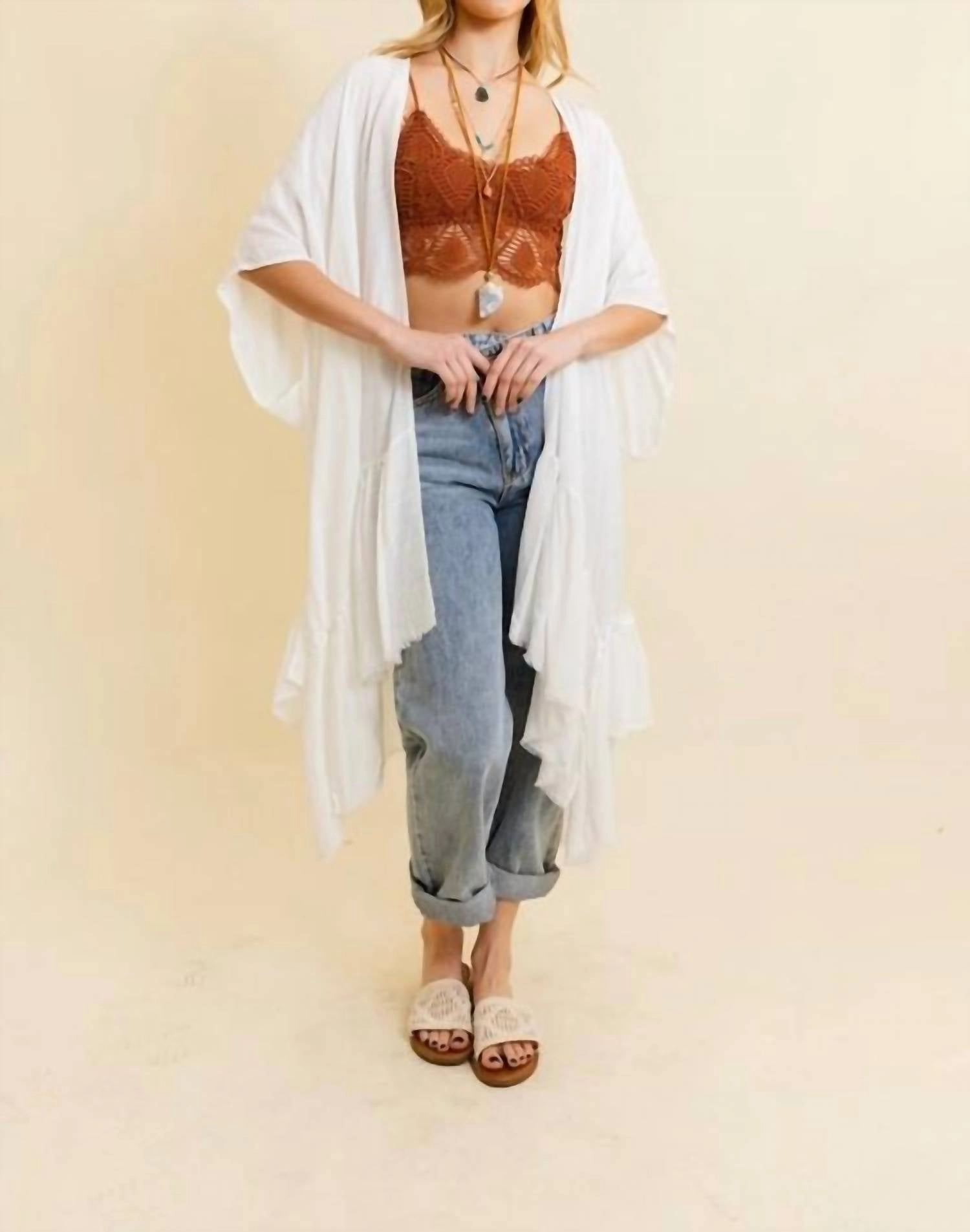 Ruffle Edge Bohemian Lightweight Flowing Kimono Wrap Cover Up In Ivory