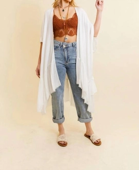 Ruffle Edge Bohemian Lightweight Flowing Kimono Wrap Cover Up In Ivory