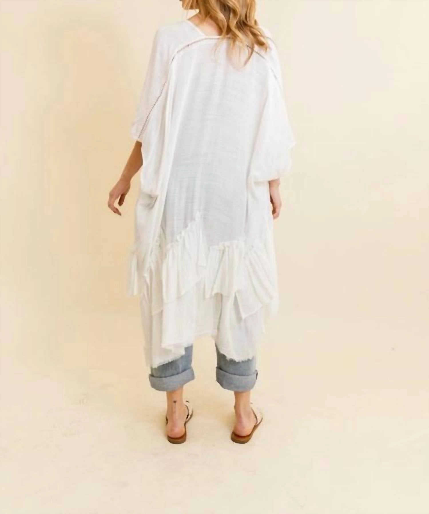 Ruffle Edge Bohemian Lightweight Flowing Kimono Wrap Cover Up In Ivory