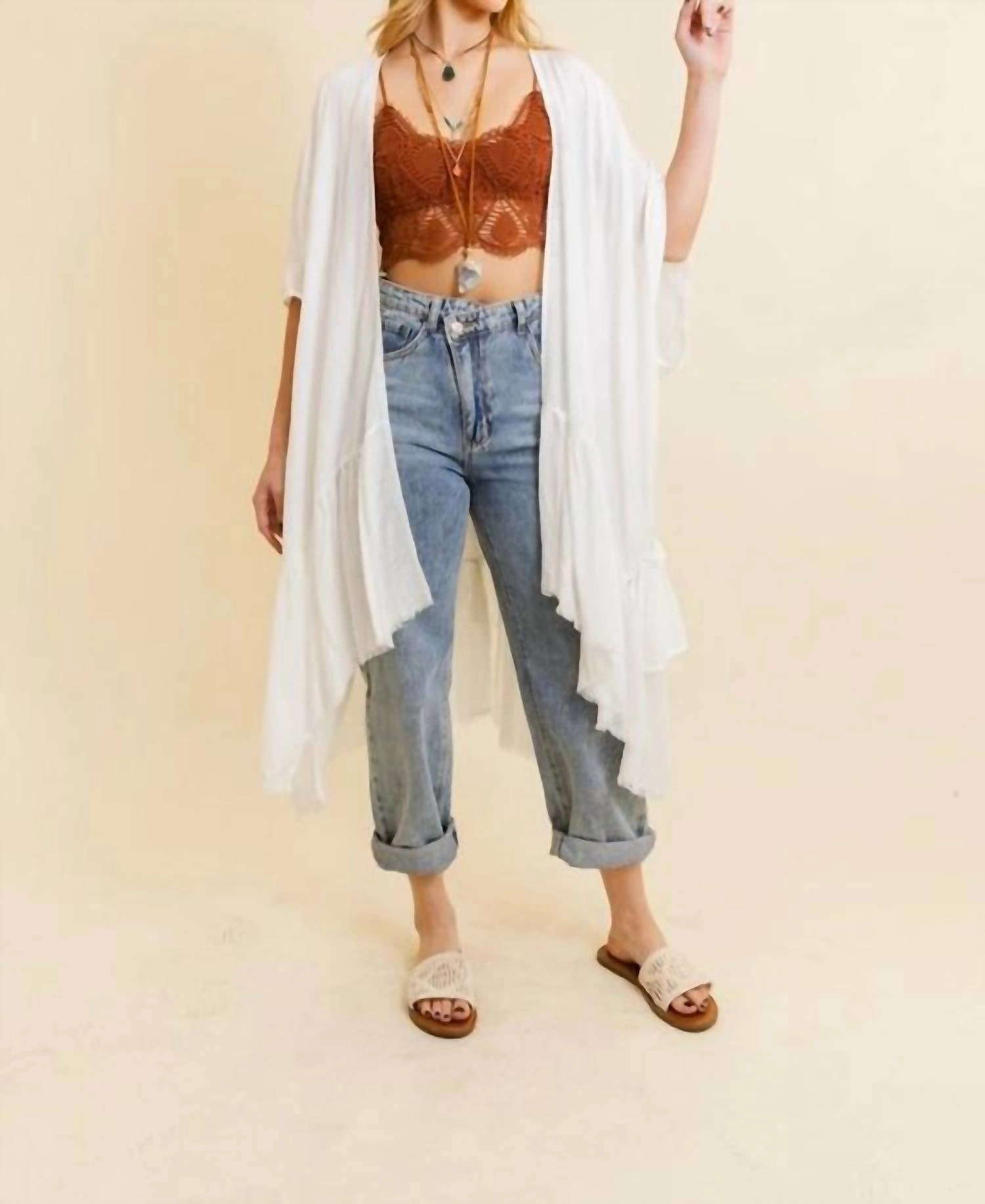 Ruffle Edge Bohemian Lightweight Flowing Kimono Wrap Cover Up In Ivory