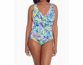 Ruffle Front Long Torso One Piece In Paisley Seas Multi