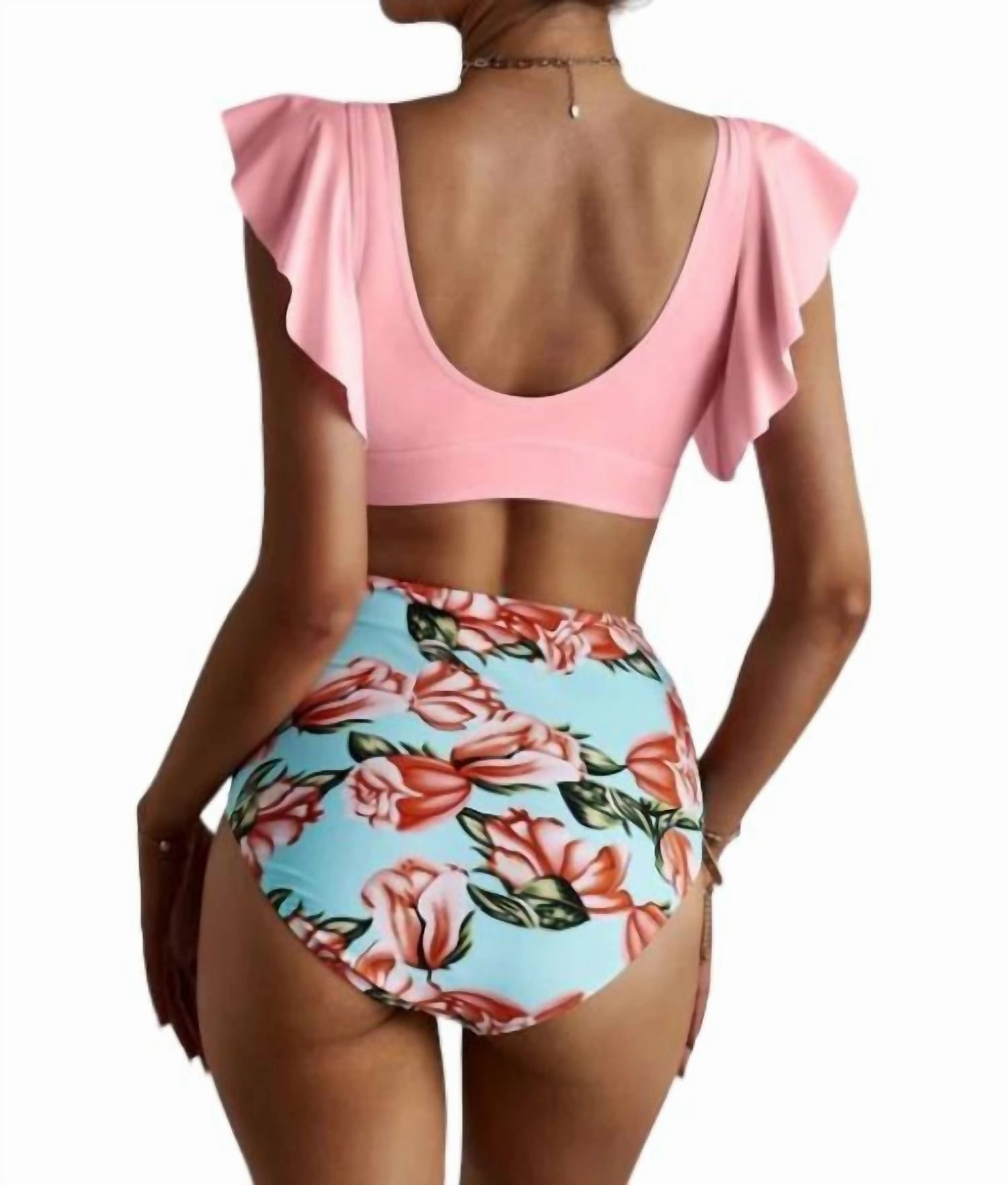 Ruffled Hem High Waist Bikini Swim Set In Pink