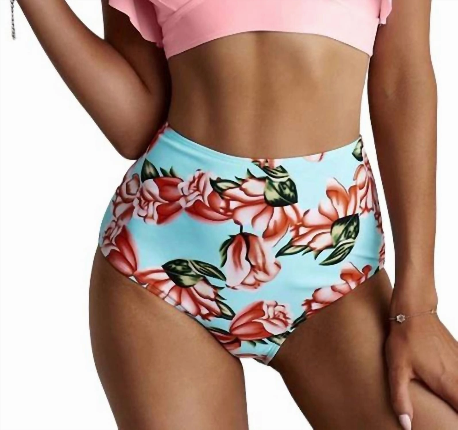 Ruffled Hem High Waist Bikini Swim Set In Pink