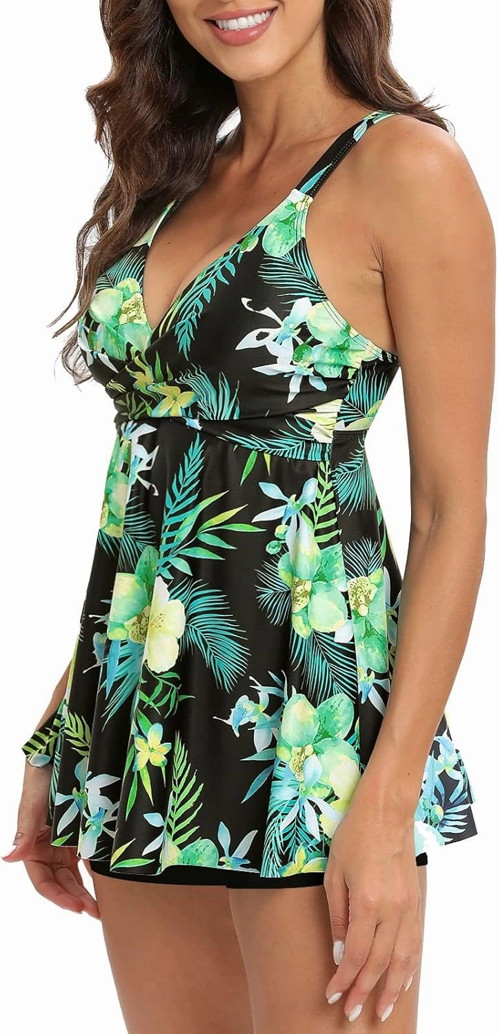 SEAFORM Women's Tankini Bathing Suits Two-Piece Tummy Control Swim Dress High Waist Printing Padded Swimsuits with Boyshorts