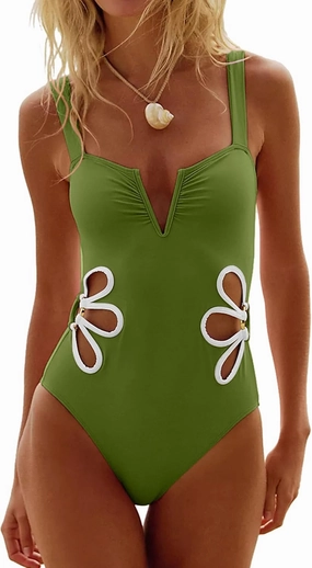 seamoly One Piece Swimsuit Women Slimming Floral Cut Out Color Block Bathing Suit Ruched Cheeky 1 Piece Swimwear