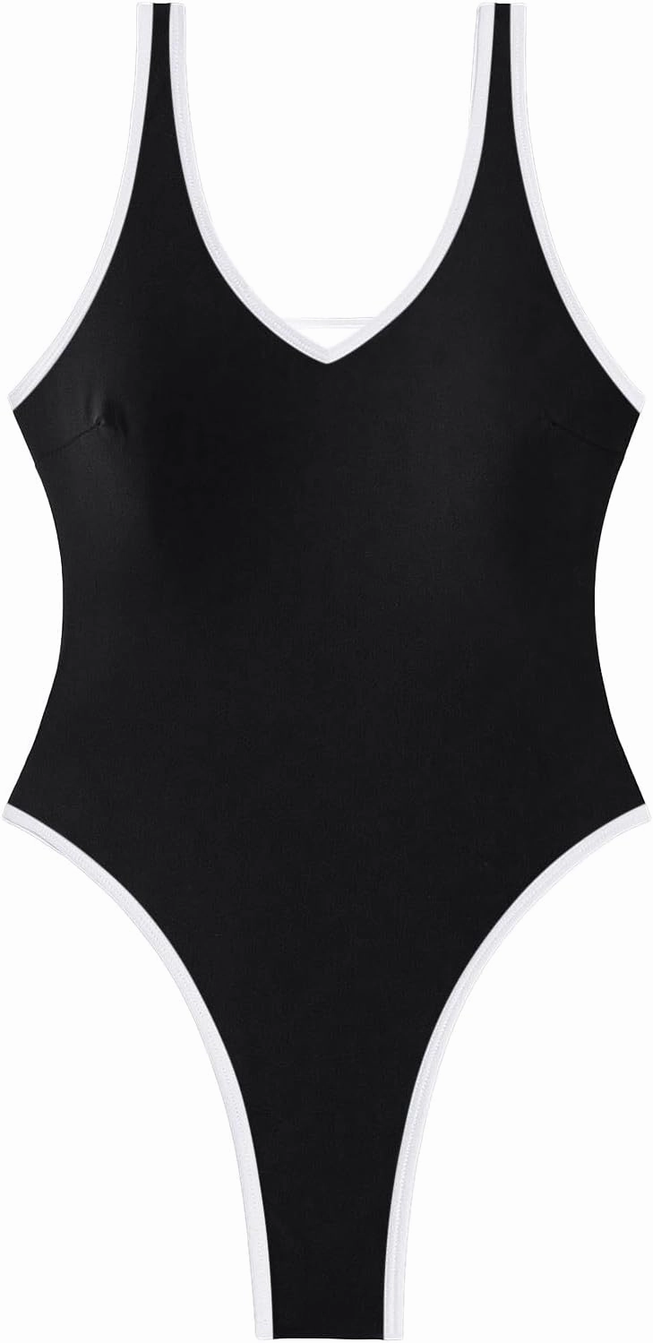 Sexy Backless Cheeky High Cut Leg Thong V Neck One Piece Swimsuit
