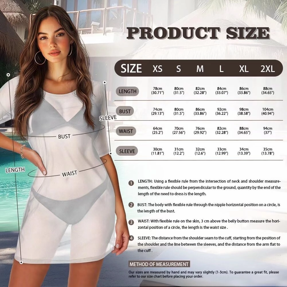 Sexy Sheer Swimsuit Coverup for Women Mesh Beach Cover Up Dress Short Sleeve Bathing Suit Cover Up XS-2XL