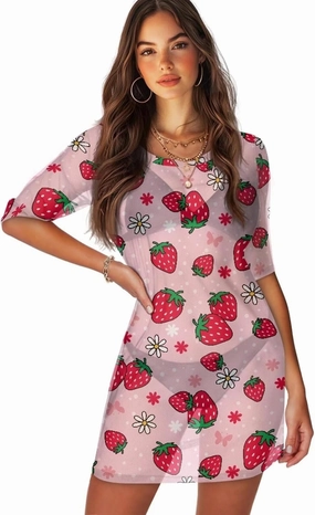 Sexy Sheer Swimsuit Coverup for Women Mesh Beach Cover Up Dress Short Sleeve Bathing Suit Cover Up XS-2XL